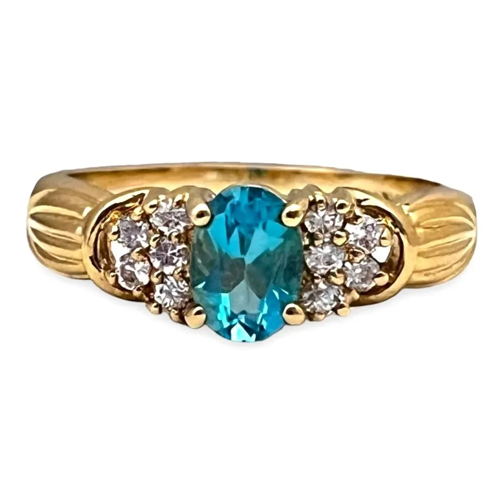 Vintage 1980s Blue CZ Ring Size 7 18KTGE Gold Plate Cluster - 14E